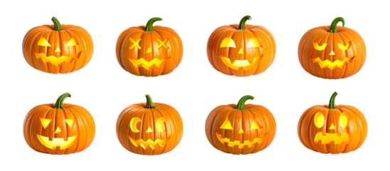 Set of 8 Halloween pumpkins. Realistic Emotional Halloween Pumpkins. Jack o Lanterns isolated on transparent background.