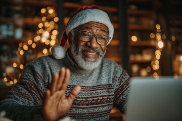 Happy grandfather greeting family on video call / Senior man smiling while waving at laptop