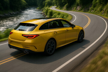 躍動感溢れる黄色シューティングブレークの走行