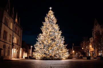 Majestic Christmas tree illuminated with lights in city square at night / Large decorated Christmas tree shining bright in urban street