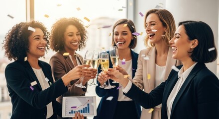 Diverse successful businesswomen toasting with glasses, laughing amidst falling confetti in a bright office, celebrating business growth and teamwork accomplishment.