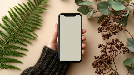 Top view flat lay of woman’s hand holding smartphone with blank screen, surrounded by dry autumn plants on beige background, perfect for app mockups, digital branding, seasonal ads and nature themes