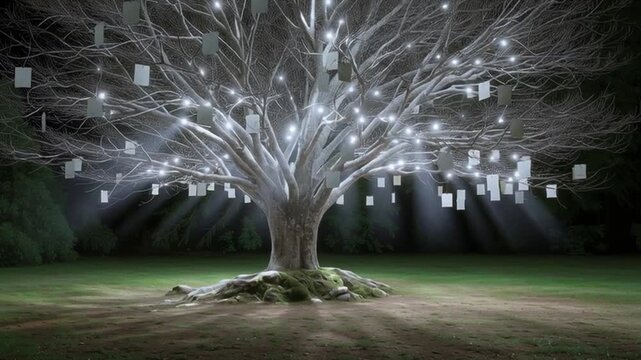 Moonlit meadow scene featuring softly glowing tags gently swinging from wishing tree branch, creating dreamy ethereal nighttime ambiance with delicate illumination