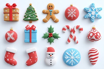 Colorful Christmas cookies and holiday decorations on white background / christmas icons set