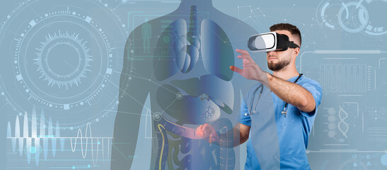 A healthcare professional engages with virtual reality technology to enhance medical training. The immersive environment showcases anatomical models and innovative healthcare techniques.