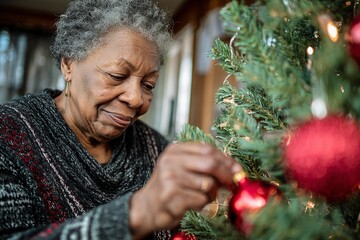senior woman decorating christmas tree / Elderly woman decorating Christmas tree with red ornaments at home