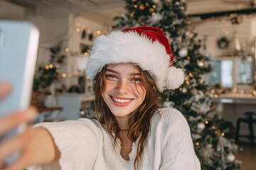Attractive brunette enjoying holiday season with Christmas selfie at home