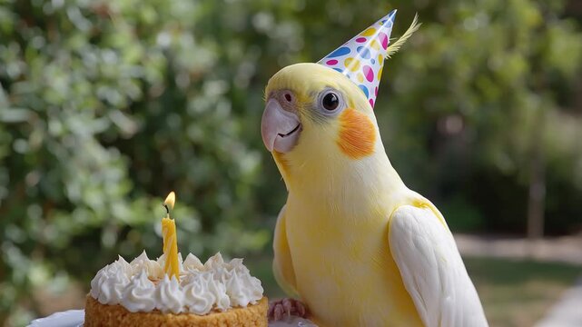 Festive cockatiel wearing party hat celebrating birthday, nibbling small cake with lit candle against soft green background