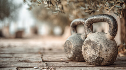 Two old weightlifting kettlebells are sitting on a wooden floor