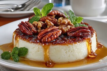 Luxurious creamy dessert with candied pecans, walnuts, caramel, and mint.
