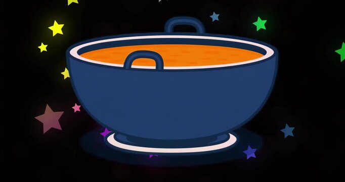On start deep-blue bowl rotating over bright orange liquid, stars drifting for cosmic vibe