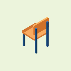 An isometric flat design chair illustration in orange and blue. Suitable for furniture, interiors, classrooms, offices, homes, architectural design, decoration, and minimalist furnishings.