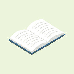 An isometric illustration of an open book with blank pages filled with thin lines. Suitable for education, reading, writing, learning, school, literacy, academics, and study themes.
