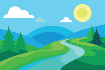 Obraz premium Vector illustration of a serene river flowing through a lush green landscape under a clear blue sky.