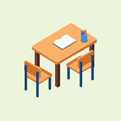 An isometric illustration of a study table with two chairs, an open book, and a pencil case. Suitable for education, school, study rooms, classrooms, children, interiors, and learning activities.