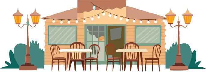 Outdoor dining area of a restaurant featuring several tables and chairs arranged neatly under a clear sky.