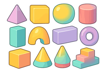 Colorful 3D geometric shapes vector icon set. Cartoon collection of basic forms like cube, sphere, pyramid, cone, and cylinder. Abstract pastel building blocks for education.