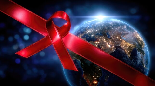 Bright vibrant red ribbon flowing across a beautiful glowing planet Earth at night, symbolizing global HIV AIDS awareness, aging population health, world unity support. - Powered by Adobe