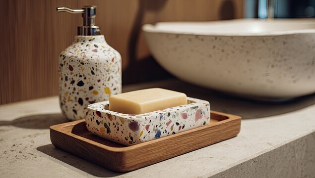 Modern bathroom accessories, featuring a soap dish, soap bar, and dispenser, all in a multicolored terrazzo design, on a light-colored countertop