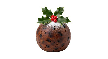 A close up of a christmas pudding decorated with holly and berries on a black background studio shot on transparent background