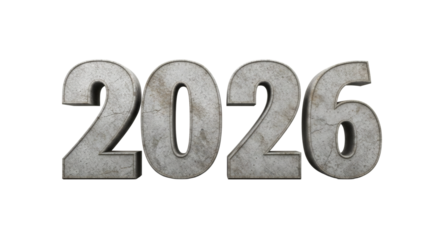 A close up of the year two thousand twenty six in a textured gray stone font on a black background on transparent background