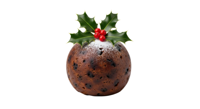 A close up of a christmas pudding decorated with holly and berries on a black background studio shot on transparent background