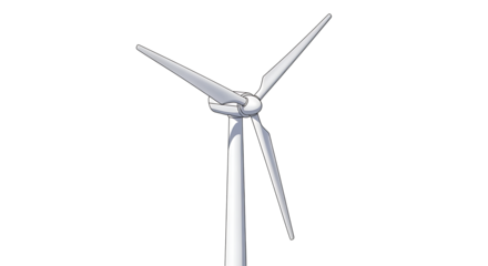 A simplistic illustration of a white wind turbine against a stark black background in a vector style on transparent background
