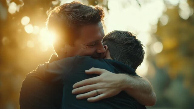 Two adults hugging close to each other in a warm, affectionate embrace during a sunset. They appear to be a family, possibly father and son or mother and son.