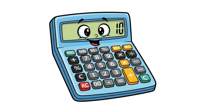 A cartoon calculator with a face displaying the number ten on its screen against a black background on transparent background