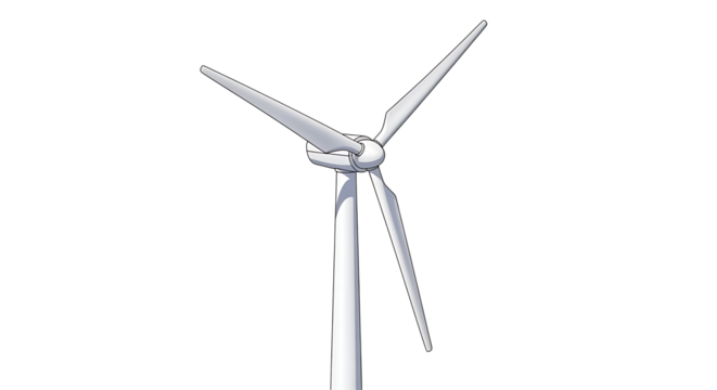 A simplistic illustration of a white wind turbine against a stark black background in a vector style on transparent background