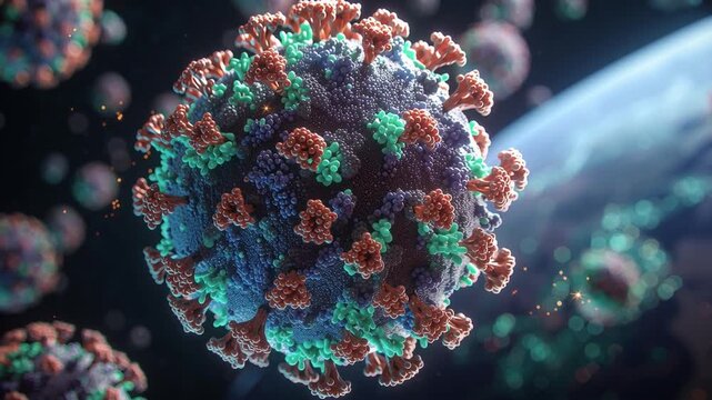 Microscopic coronavirus covid 19 cells floating near planetary surface, revealing detailed viral structure representing global pandemic viral spread through scientific visualization