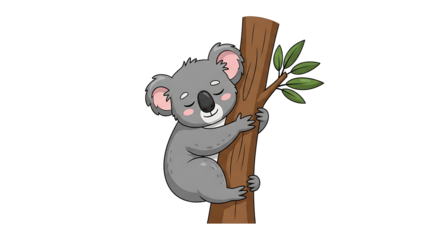 A cartoon koala bear sleeping while hugging a tree branch with green leaves on a black background on transparent background