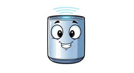 Cartoon smart speaker with a smiling face and light waves emanating from the top on black background on transparent background