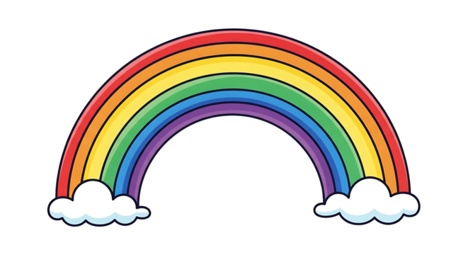 A cartoon rainbow with red orange yellow green blue and purple colors with white clouds on both ends on transparent background