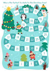Christmas village board game for children with cute animals and elves skating on skates to fir tree. Funny races boardgame with snowman, penguin, bird. Winter holiday printable activity