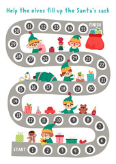 Obraz premium Christmas village board game for children with cute elves filling up Santa Claus sack with presents on toy factory. Funny boardgame with conveyor belt. Winter holiday printable activity, worksheet