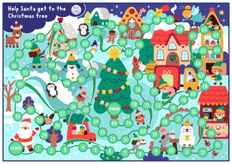 Fototapeta premium Christmas village board game for children with cute animals and Santa Claus going to fir tree. Funny detailed boardgame with market, houses, deer. Winter holiday printable activity, worksheet