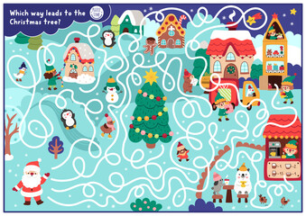 Christmas village maze for children with cute animals and Santa Claus going to fir tree. Funny detailed labyrinth game with market, houses, deer. Winter holiday printable activity, worksheet