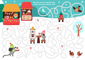 Christmas village maze for children with cute mouse bringing cake to market stall or fair. Funny labyrinth game with animals, holiday treats, snowy landscape. Winter printable activity, worksheet