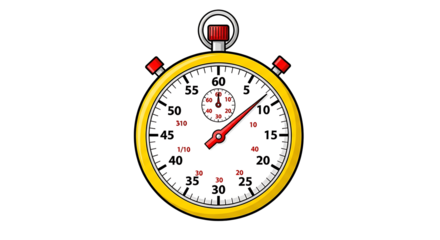 A yellow stopwatch with red accents on a black background showing the time with a red second hand on transparent background