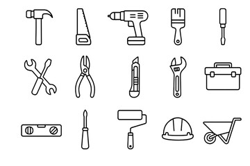 Fototapeta premium Construction tools line icon set. Builder equipment and hardware collection. Vector linear icons for carpentry, repair, DIY projects. Hammer, drill, saw, wrench, toolbox symbols.