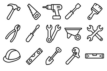 Construction tools line icon set. Builder equipment, hardware, and handyman instrument collection. Vector linear icons for building, repair, and DIY projects. Pictogram.