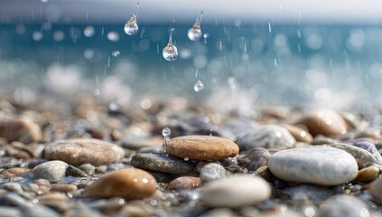 Water droplets falling on colorful pebbles near a body of water