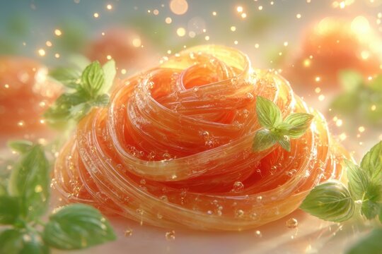 Vibrant orange spiral dessert with sparkling droplets and fresh mint.