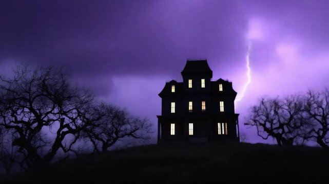 Lightning flashes illuminate a spooky haunted house on a hilltop at night, and as the storm passes, the lights inside mysteriously turn on, one by one
