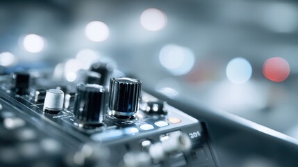 Medium shot of a bass boost module as the main object sharply in focus with blurred background highlighting powerful lowfrequency sound enhancement for car audio systems.