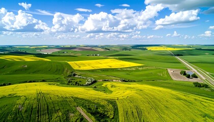 Aerial view of rolling hills and fields