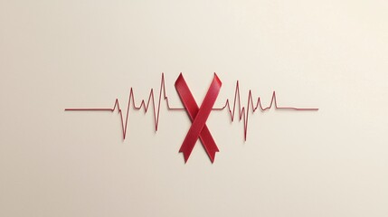 Vibrant red awareness ribbon paired with a continuous heartbeat line on a clean background, symbolizing health support, aging vitality, and global advocacy for HIV and AIDS understanding