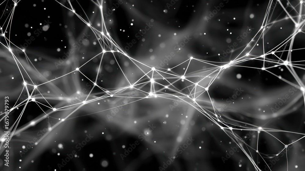 Wall mural abstract black and white image featuring interconnected lines and dots, creating a network-like patt