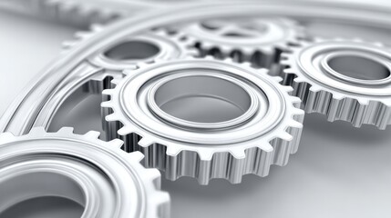 A close-up of metallic gears interlocking, representing mechanics, precision, and engineering in a sleek, modern design.